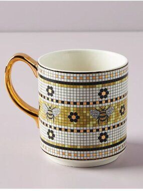 Anthropologie Bistro Tile Stoneware 24K Gold Accent Mug: Bumblebee - Set of 2